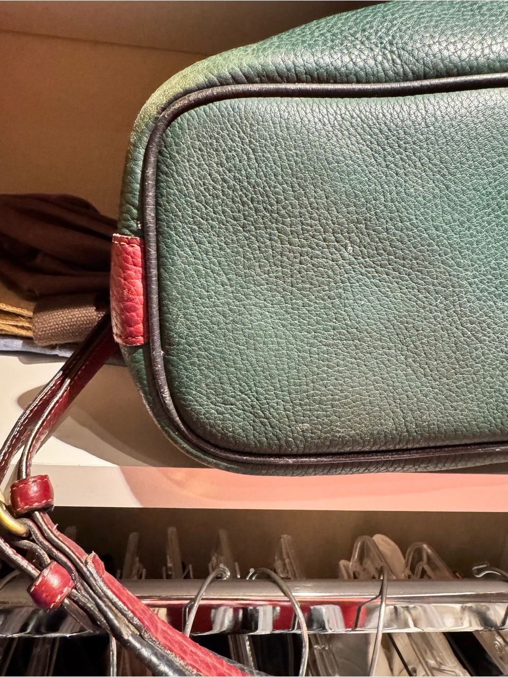 Leather Two-Tone Drawstring Bucket Bag - Green & Burgundy - Picture 6 of 7